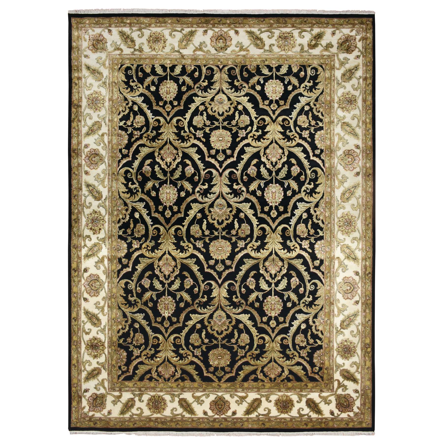 Onyx Black, Rajasthan All Over Leaf Design, Thick and Plush, Densely Woven, Soft Pile, Wool and Silk, Hand Knotted, Oriental Rug